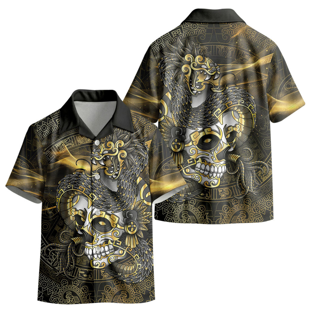 Mexico Quetzalcoatl Aztec Calendar Kid Hawaiian Shirt Black Gold Tribal Warrior Art