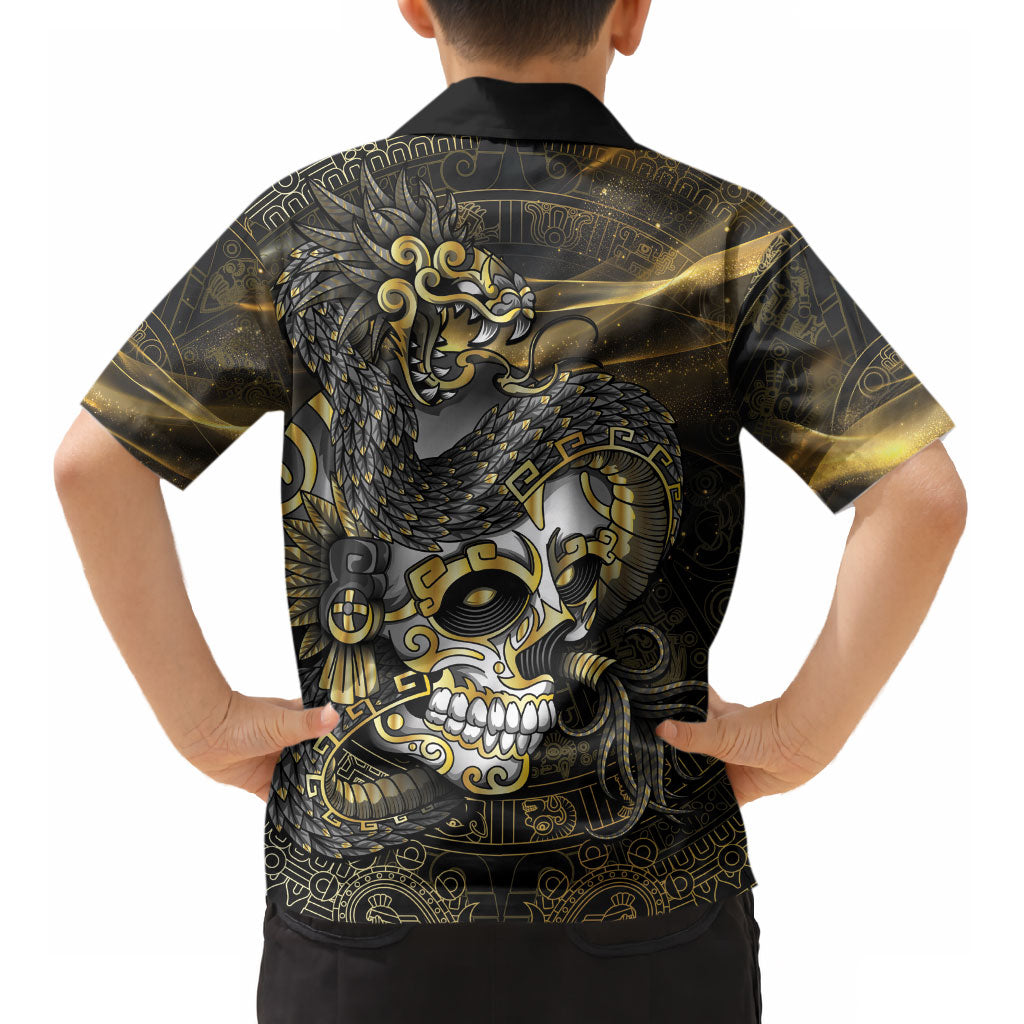 Mexico Quetzalcoatl Aztec Calendar Kid Hawaiian Shirt Black Gold Tribal Warrior Art