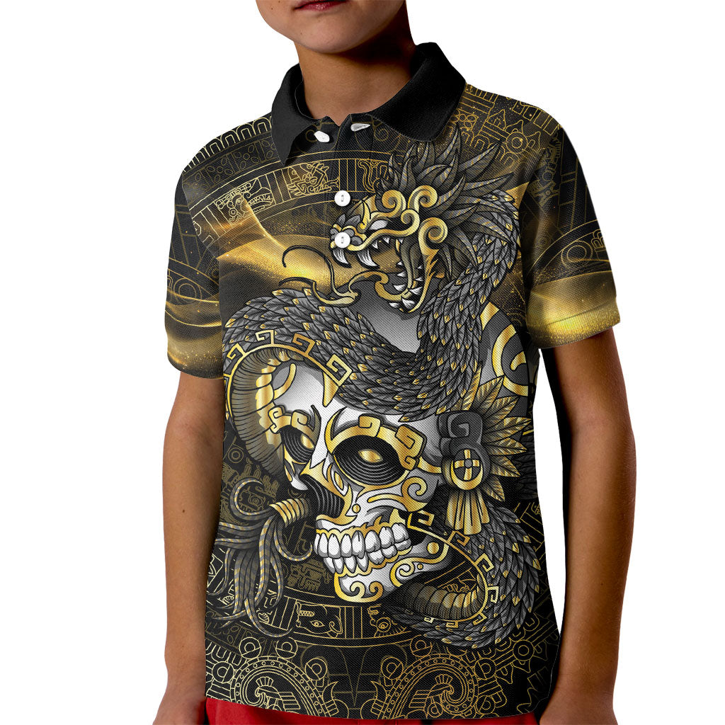 Mexico Quetzalcoatl Aztec Calendar Kid Polo Shirt Black Gold Tribal Warrior Art