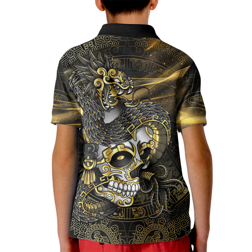 Mexico Quetzalcoatl Aztec Calendar Kid Polo Shirt Black Gold Tribal Warrior Art