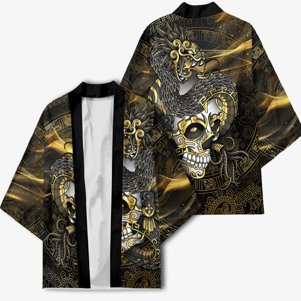 Mexico Quetzalcoatl Aztec Calendar Kimono Black Gold Tribal Warrior Art