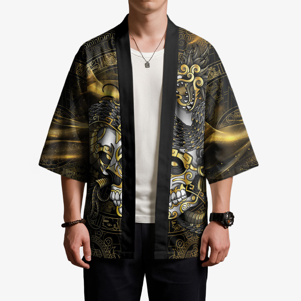Mexico Quetzalcoatl Aztec Calendar Kimono Black Gold Tribal Warrior Art