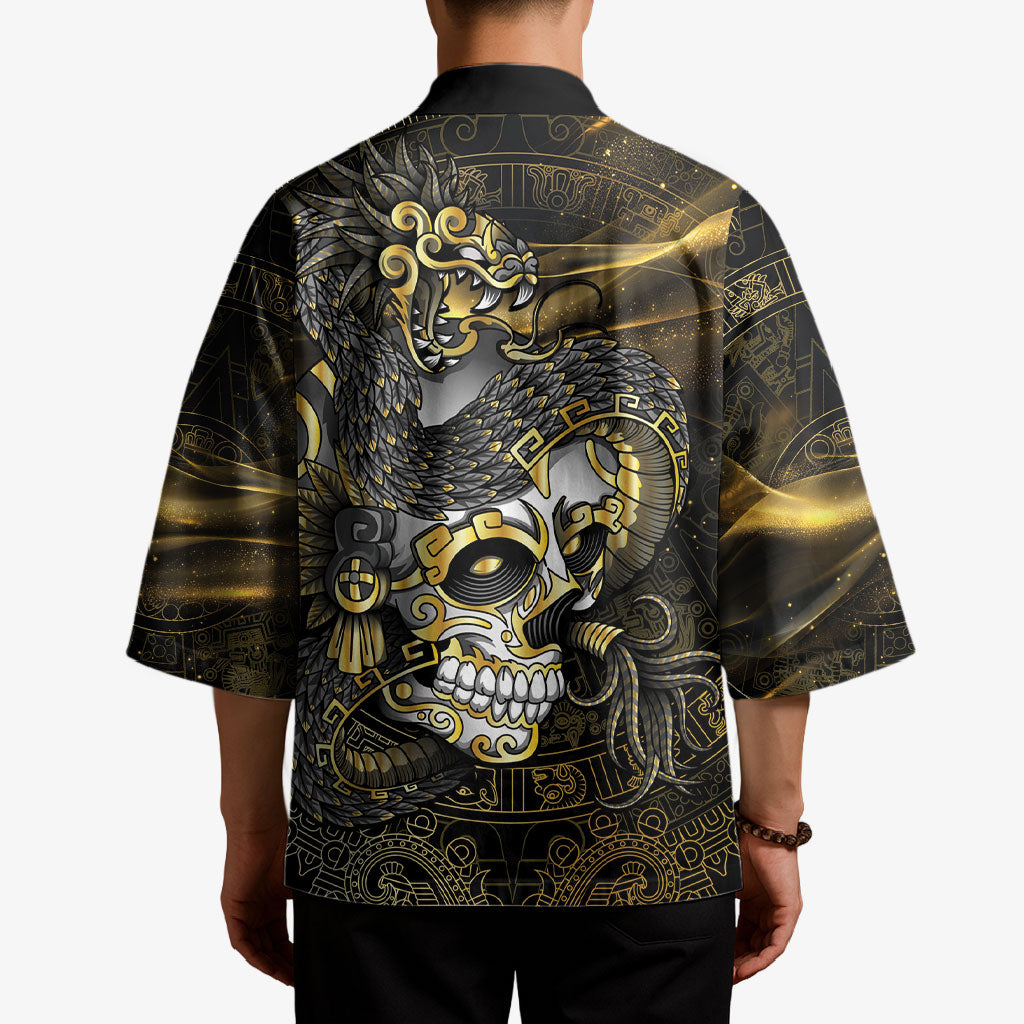 Mexico Quetzalcoatl Aztec Calendar Kimono Black Gold Tribal Warrior Art