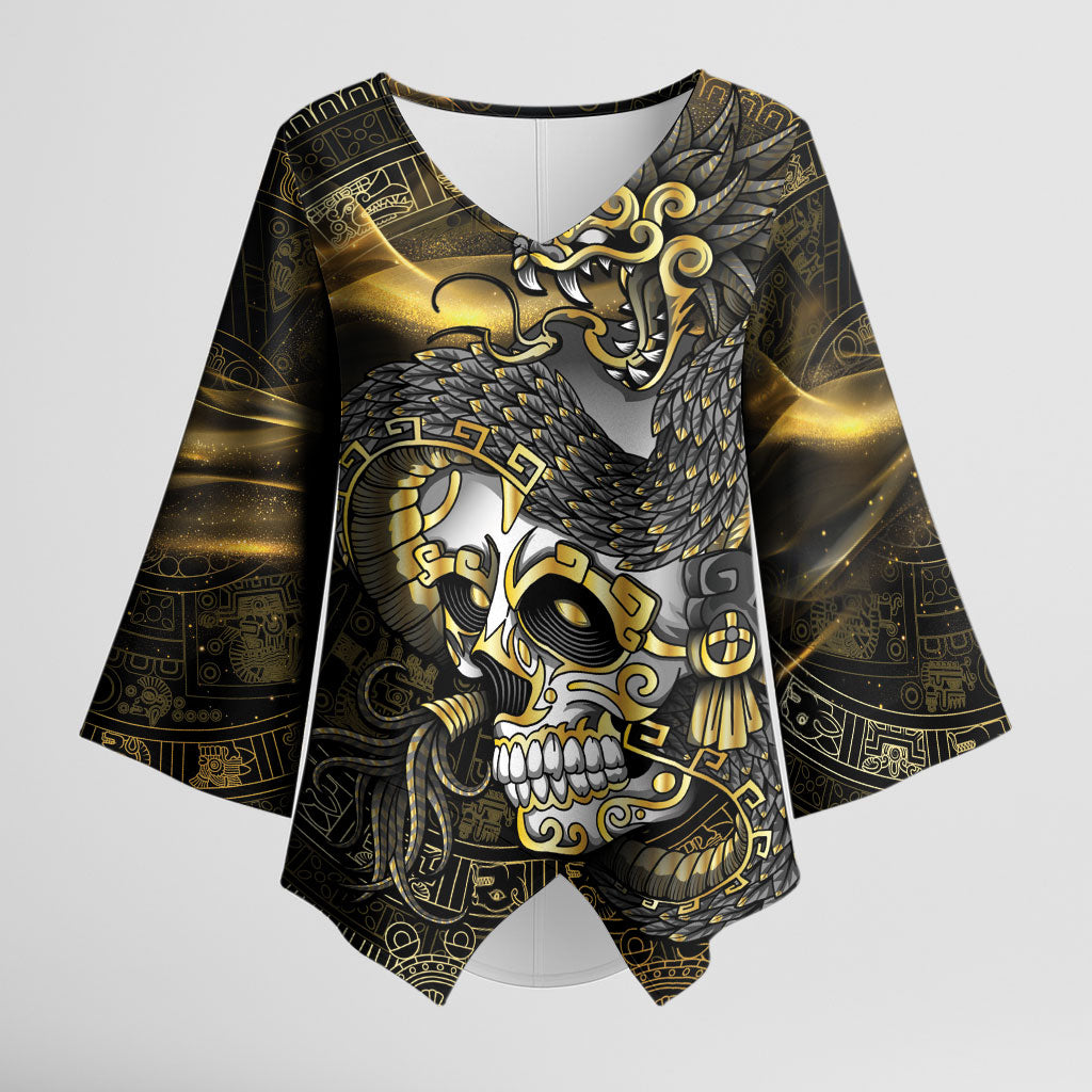 Mexico Quetzalcoatl Aztec Calendar Kimono Sleeve Blouse Black Gold Tribal Warrior Art