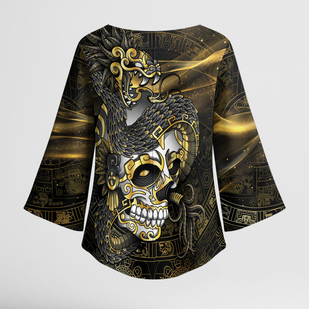 Mexico Quetzalcoatl Aztec Calendar Kimono Sleeve Blouse Black Gold Tribal Warrior Art