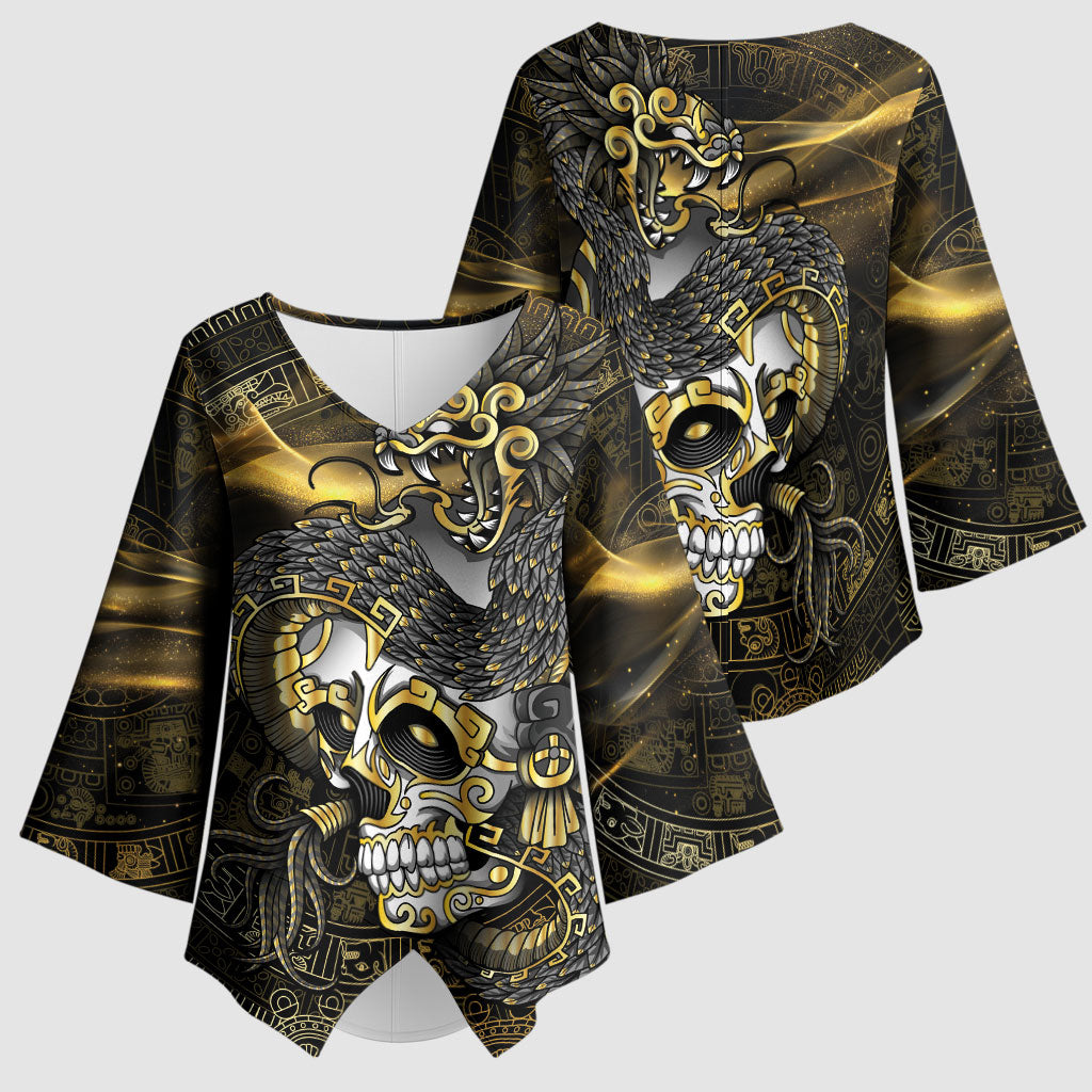 Mexico Quetzalcoatl Aztec Calendar Kimono Sleeve Blouse Black Gold Tribal Warrior Art