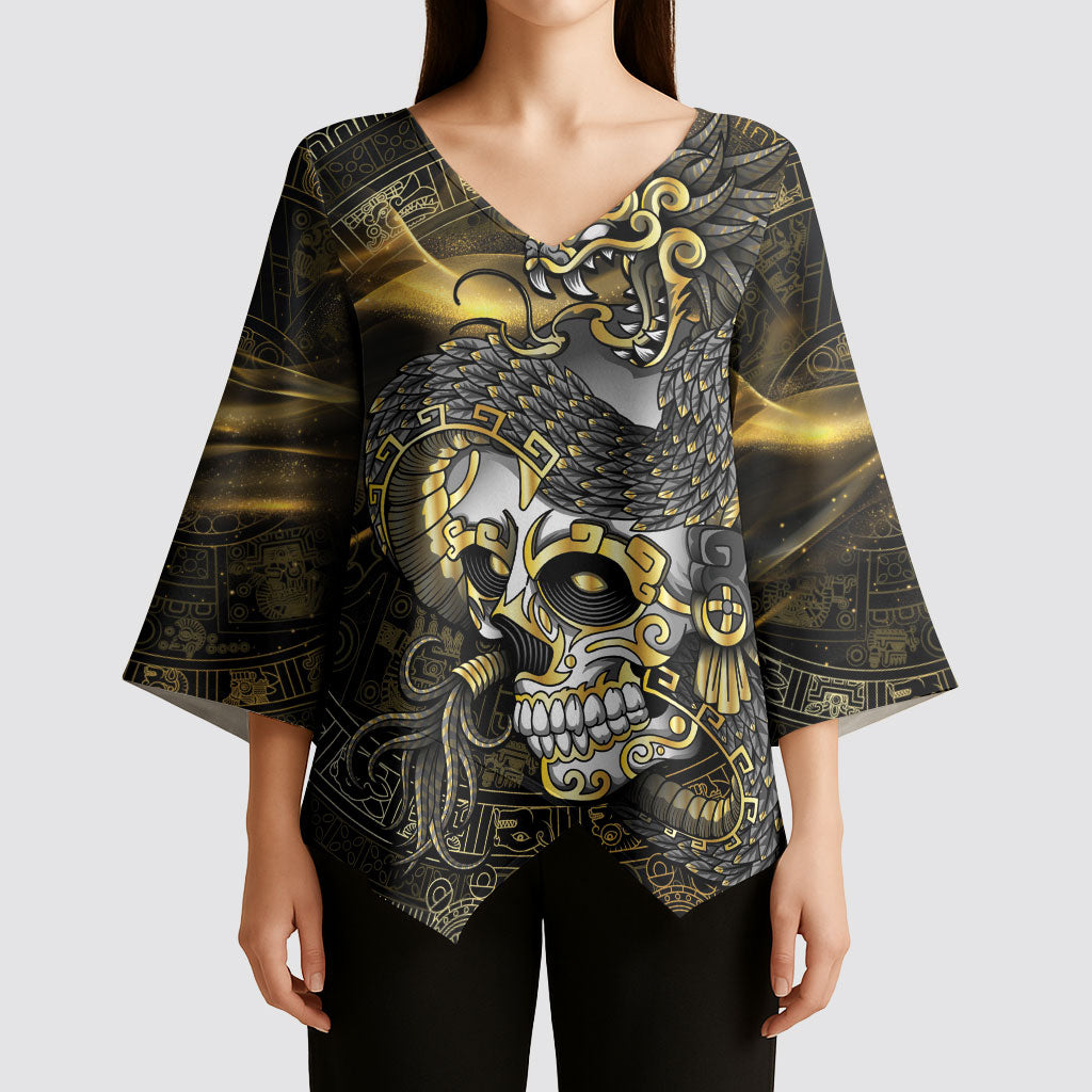 Mexico Quetzalcoatl Aztec Calendar Kimono Sleeve Blouse Black Gold Tribal Warrior Art