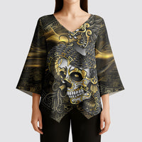 Mexico Quetzalcoatl Aztec Calendar Kimono Sleeve Blouse Black Gold Tribal Warrior Art
