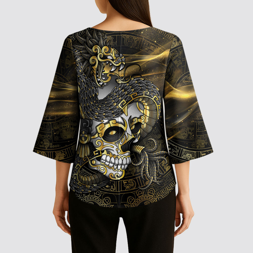 Mexico Quetzalcoatl Aztec Calendar Kimono Sleeve Blouse Black Gold Tribal Warrior Art