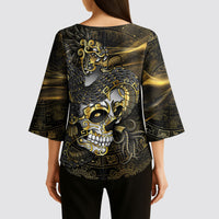 Mexico Quetzalcoatl Aztec Calendar Kimono Sleeve Blouse Black Gold Tribal Warrior Art