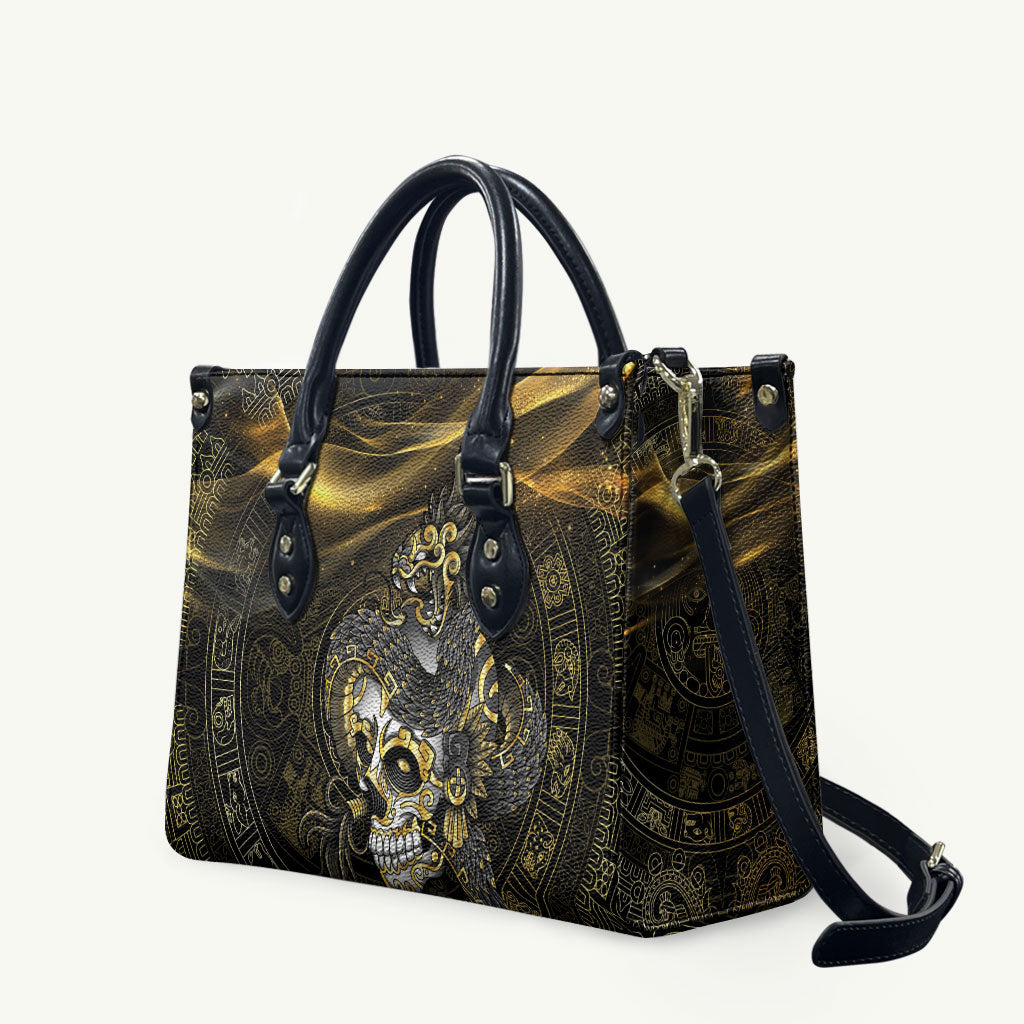Mexico Quetzalcoatl Aztec Calendar Leather Bag Black Gold Tribal Warrior Art