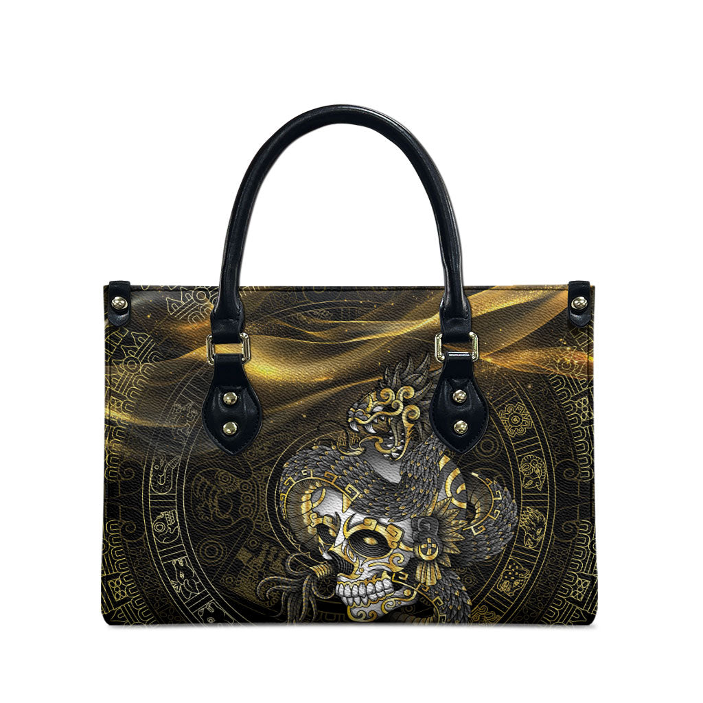 Mexico Quetzalcoatl Aztec Calendar Leather Bag Black Gold Tribal Warrior Art
