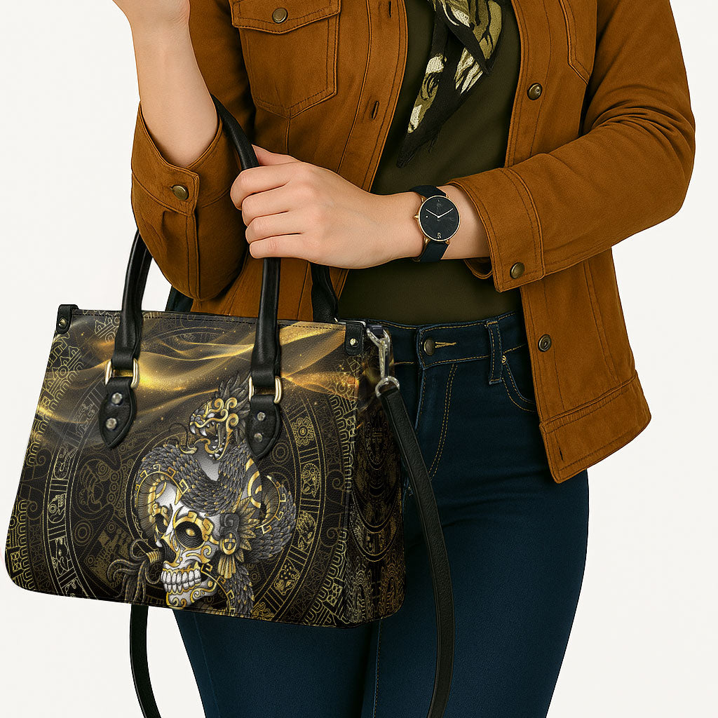 Mexico Quetzalcoatl Aztec Calendar Leather Bag Black Gold Tribal Warrior Art