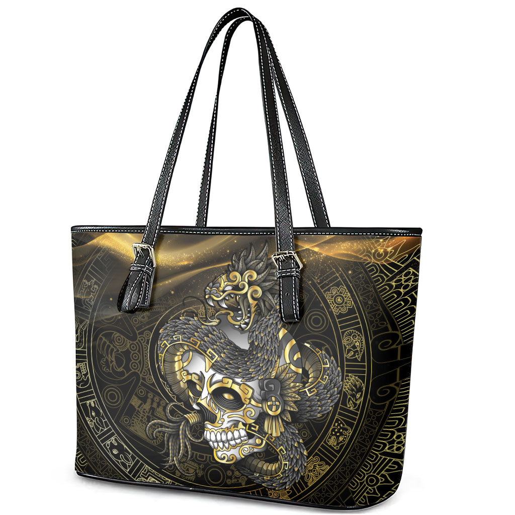 Mexico Quetzalcoatl Aztec Calendar Leather Tote Bag Black Gold Tribal Warrior Art