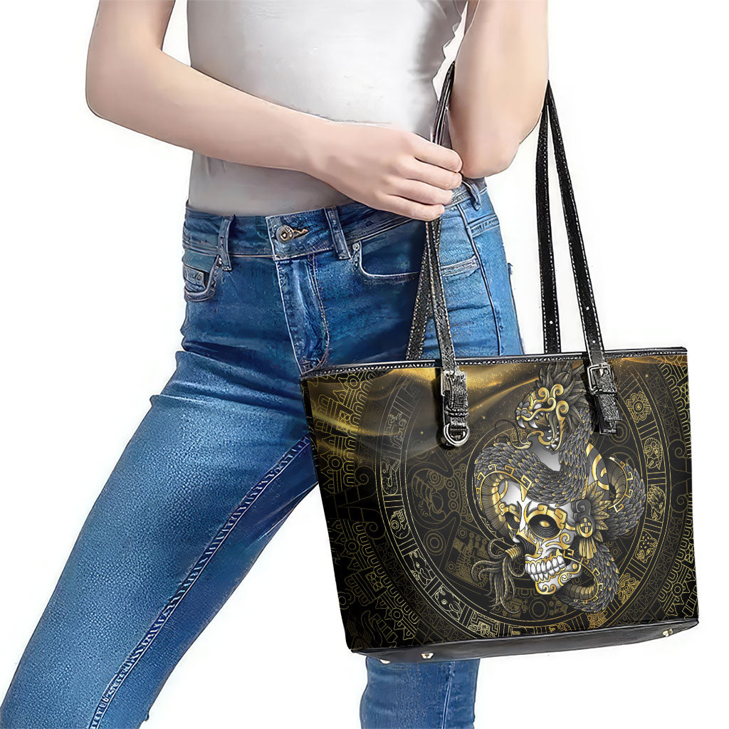 Mexico Quetzalcoatl Aztec Calendar Leather Tote Bag Black Gold Tribal Warrior Art