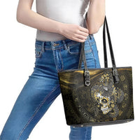 Mexico Quetzalcoatl Aztec Calendar Leather Tote Bag Black Gold Tribal Warrior Art
