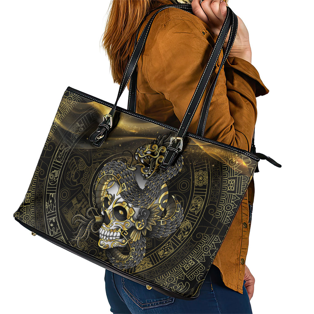 Mexico Quetzalcoatl Aztec Calendar Leather Tote Bag Black Gold Tribal Warrior Art