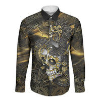 Mexico Quetzalcoatl Aztec Calendar Long Sleeve Button Shirt Black Gold Tribal Warrior Art