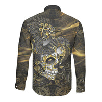Mexico Quetzalcoatl Aztec Calendar Long Sleeve Button Shirt Black Gold Tribal Warrior Art