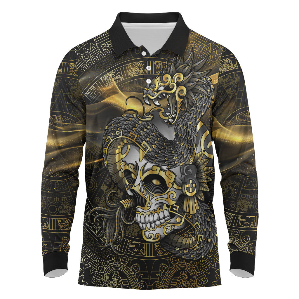 Mexico Quetzalcoatl Aztec Calendar Long Sleeve Polo Shirt Black Gold Tribal Warrior Art