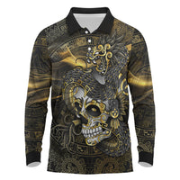 Mexico Quetzalcoatl Aztec Calendar Long Sleeve Polo Shirt Black Gold Tribal Warrior Art