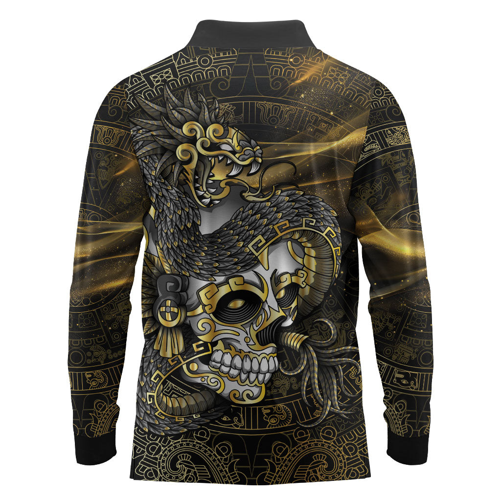 Mexico Quetzalcoatl Aztec Calendar Long Sleeve Polo Shirt Black Gold Tribal Warrior Art