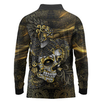Mexico Quetzalcoatl Aztec Calendar Long Sleeve Polo Shirt Black Gold Tribal Warrior Art