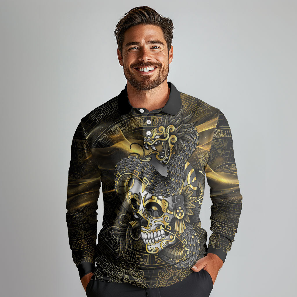 Mexico Quetzalcoatl Aztec Calendar Long Sleeve Polo Shirt Black Gold Tribal Warrior Art