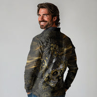 Mexico Quetzalcoatl Aztec Calendar Long Sleeve Polo Shirt Black Gold Tribal Warrior Art