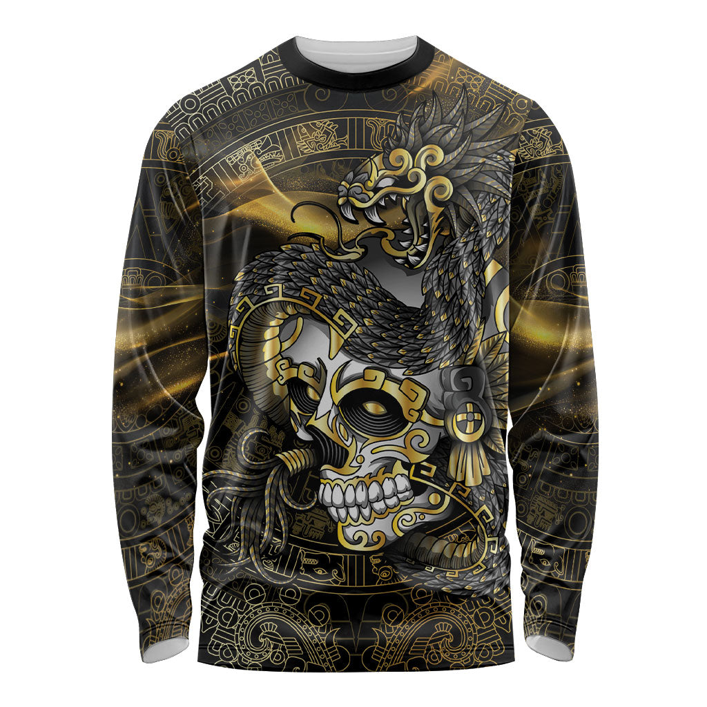 Mexico Quetzalcoatl Aztec Calendar Long Sleeve Shirt Black Gold Tribal Warrior Art