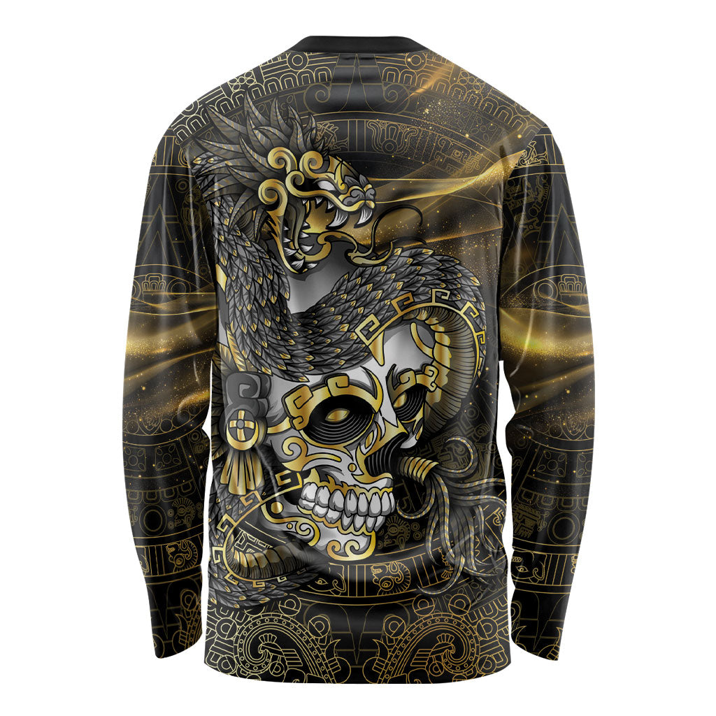 Mexico Quetzalcoatl Aztec Calendar Long Sleeve Shirt Black Gold Tribal Warrior Art