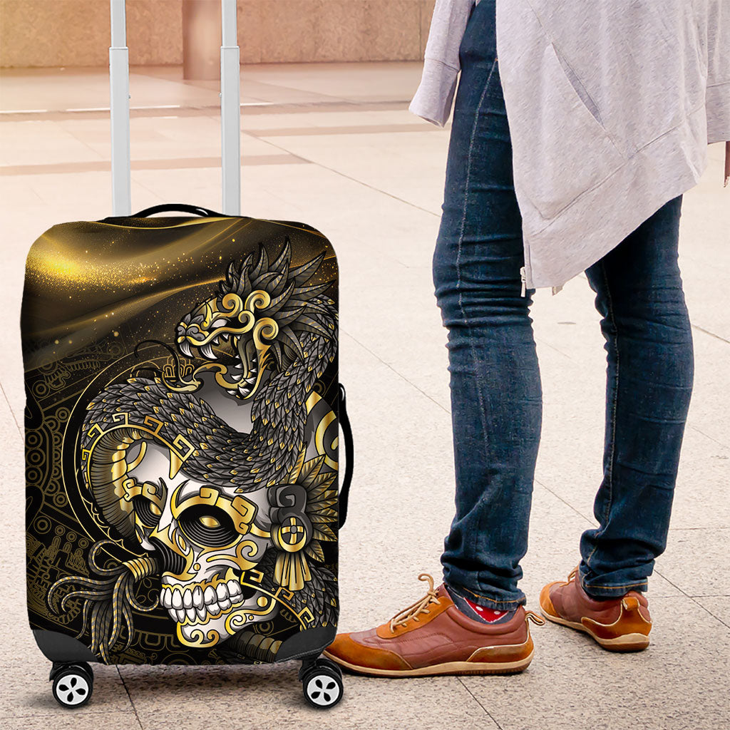 Mexico Quetzalcoatl Aztec Calendar Luggage Cover Black Gold Tribal Warrior Art