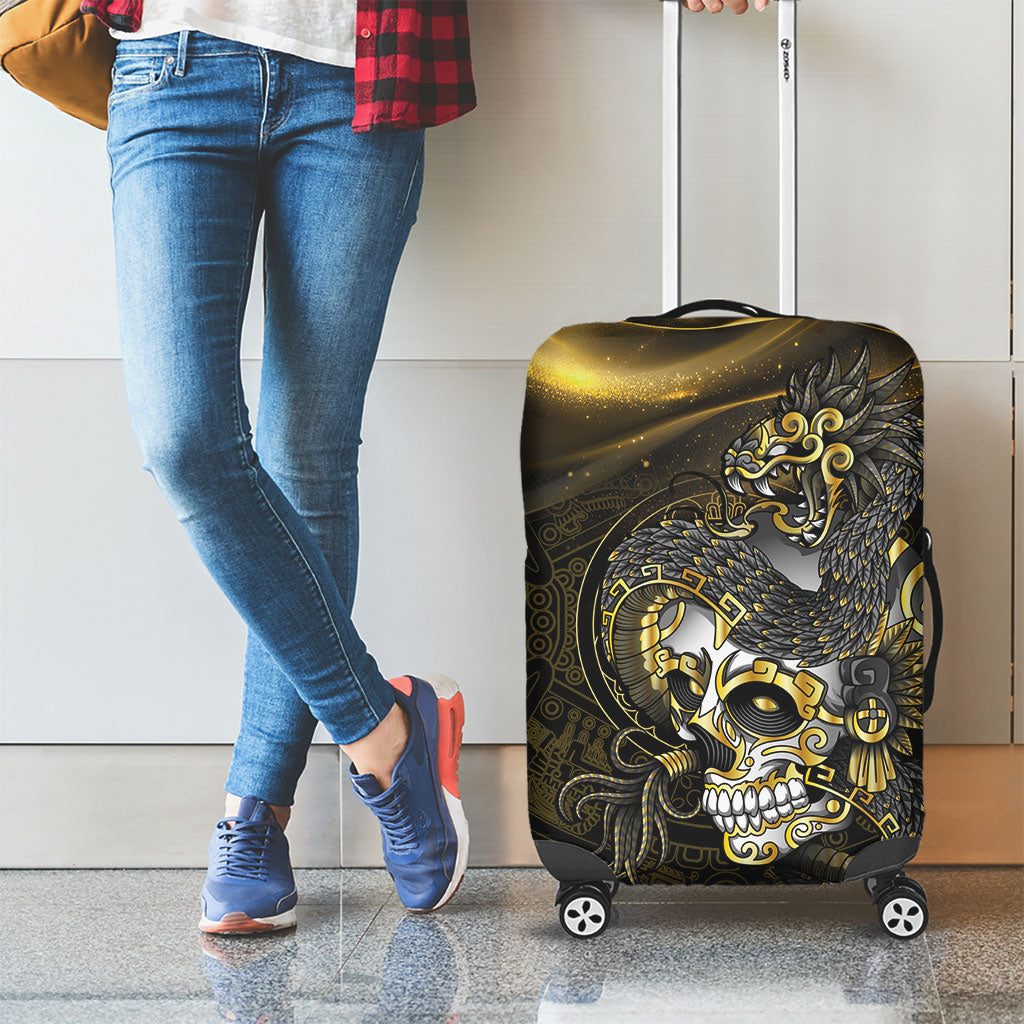 Mexico Quetzalcoatl Aztec Calendar Luggage Cover Black Gold Tribal Warrior Art
