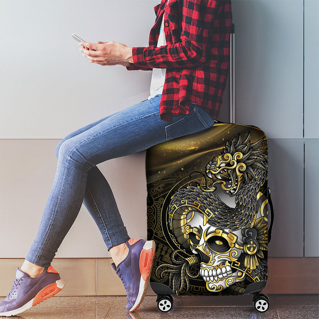 Mexico Quetzalcoatl Aztec Calendar Luggage Cover Black Gold Tribal Warrior Art