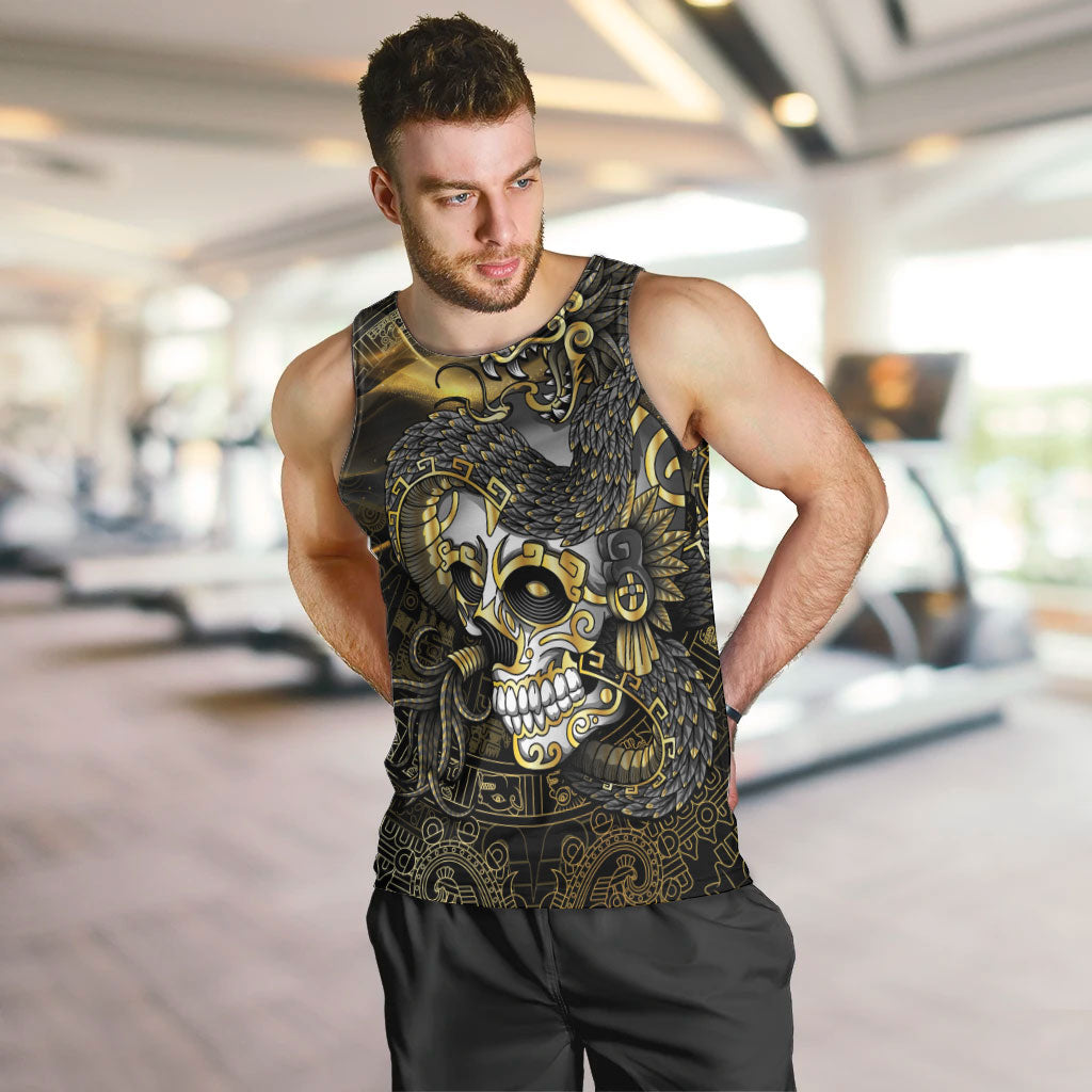 Mexico Quetzalcoatl Aztec Calendar Men Tank Top Black Gold Tribal Warrior Art