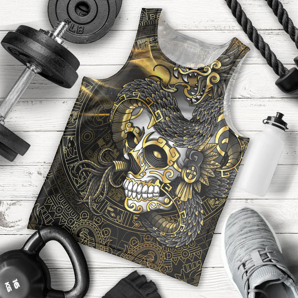Mexico Quetzalcoatl Aztec Calendar Men Tank Top Black Gold Tribal Warrior Art