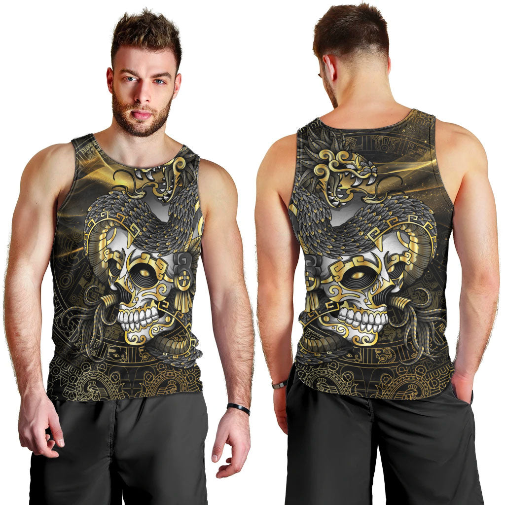 Mexico Quetzalcoatl Aztec Calendar Men Tank Top Black Gold Tribal Warrior Art