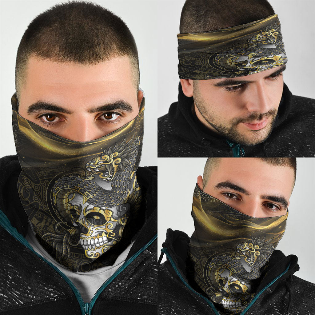 Mexico Quetzalcoatl Aztec Calendar Neck Gaiter Black Gold Tribal Warrior Art