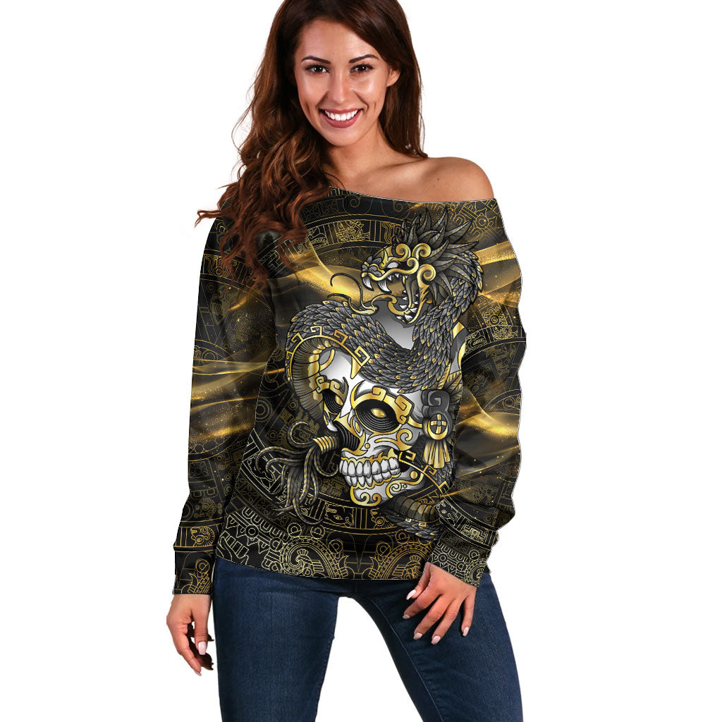 Mexico Quetzalcoatl Aztec Calendar Off Shoulder Sweater Black Gold Tribal Warrior Art