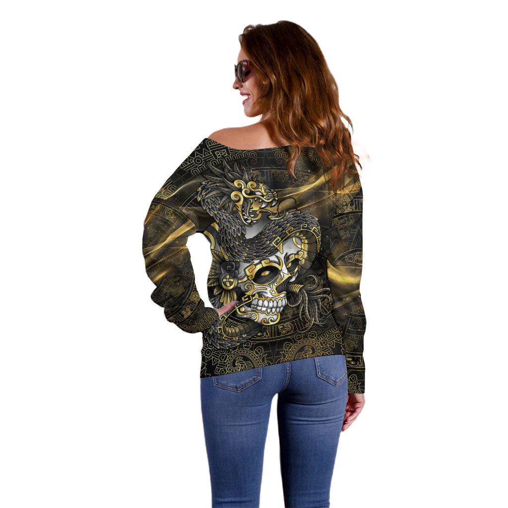 Mexico Quetzalcoatl Aztec Calendar Off Shoulder Sweater Black Gold Tribal Warrior Art