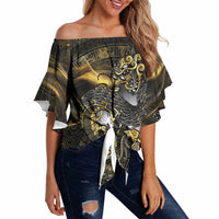 Mexico Quetzalcoatl Aztec Calendar Off Shoulder Wrap Waist Top Black Gold Tribal Warrior Art