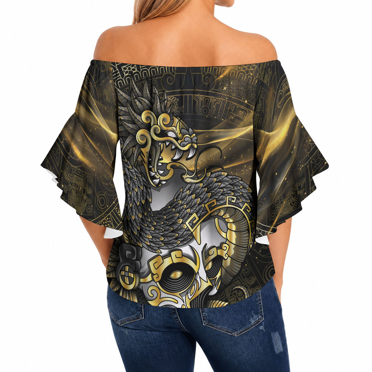 Mexico Quetzalcoatl Aztec Calendar Off Shoulder Wrap Waist Top Black Gold Tribal Warrior Art