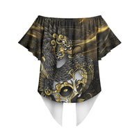 Mexico Quetzalcoatl Aztec Calendar Off Shoulder Wrap Waist Top Black Gold Tribal Warrior Art