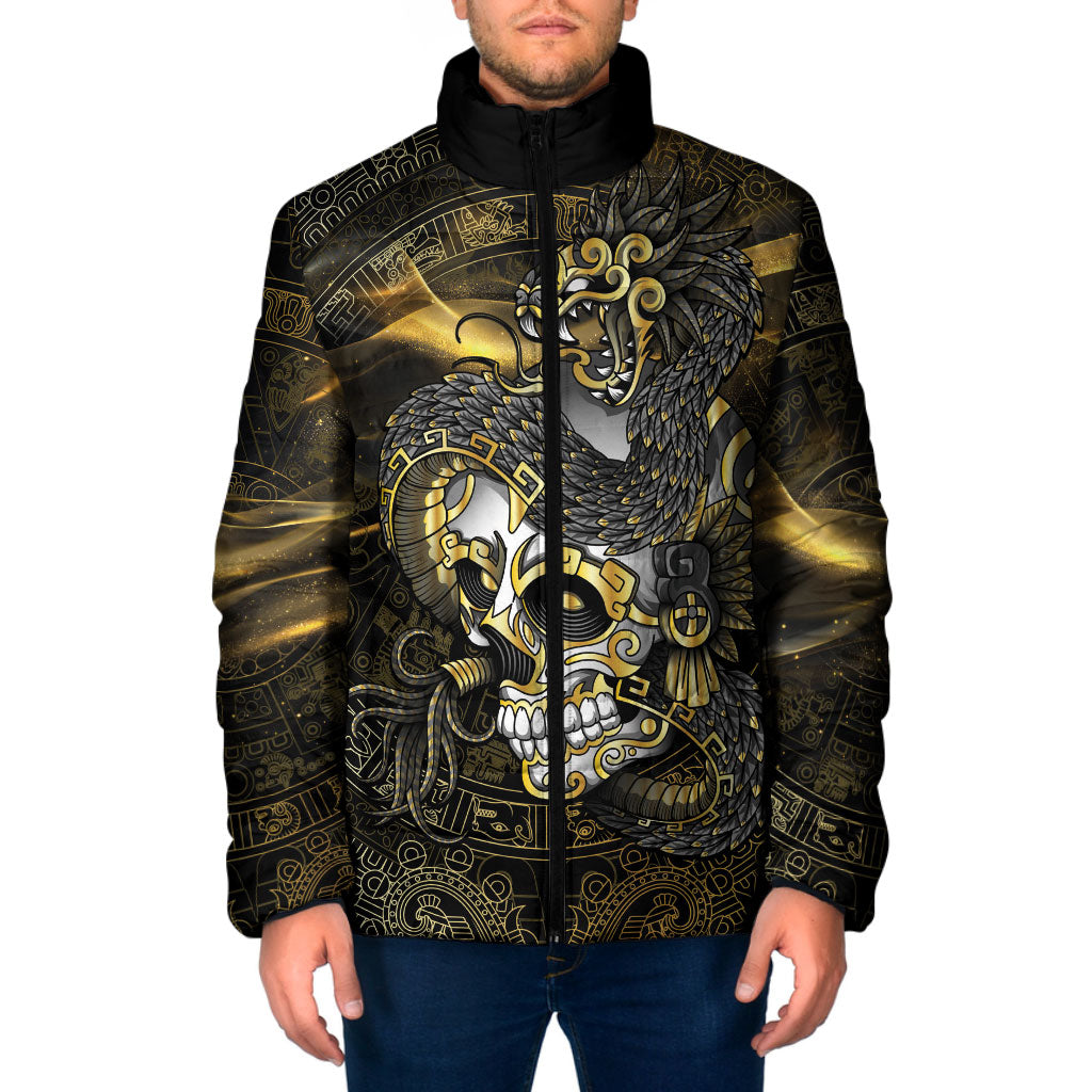 Mexico Quetzalcoatl Aztec Calendar Padded Jacket Black Gold Tribal Warrior Art