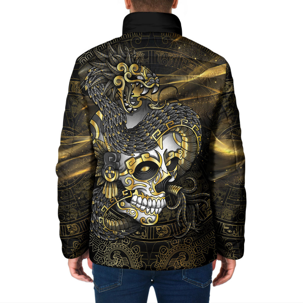 Mexico Quetzalcoatl Aztec Calendar Padded Jacket Black Gold Tribal Warrior Art