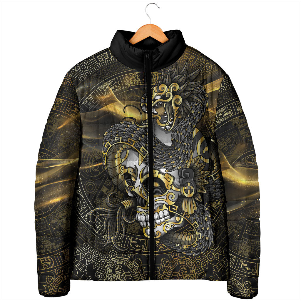 Mexico Quetzalcoatl Aztec Calendar Padded Jacket Black Gold Tribal Warrior Art