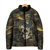 Mexico Quetzalcoatl Aztec Calendar Padded Jacket Black Gold Tribal Warrior Art