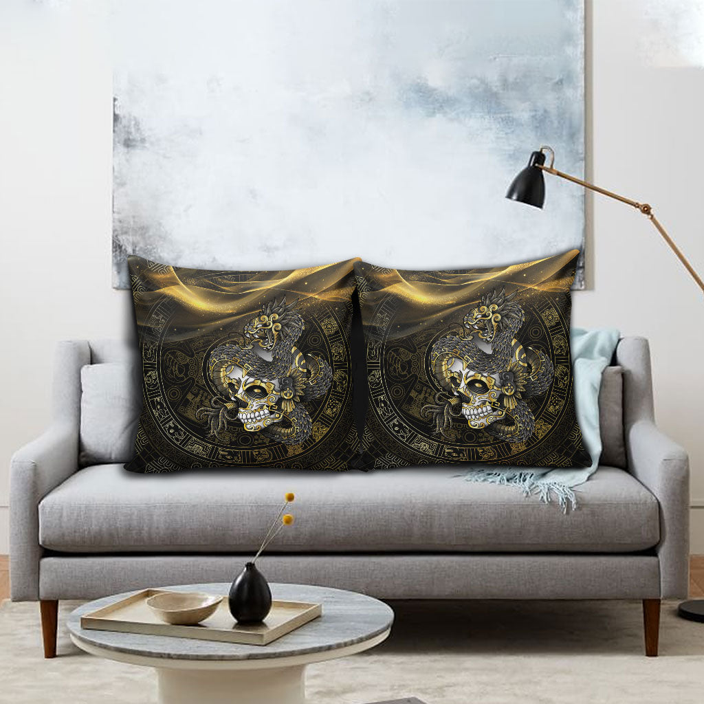 Mexico Quetzalcoatl Aztec Calendar Pillow Cover Black Gold Tribal Warrior Art