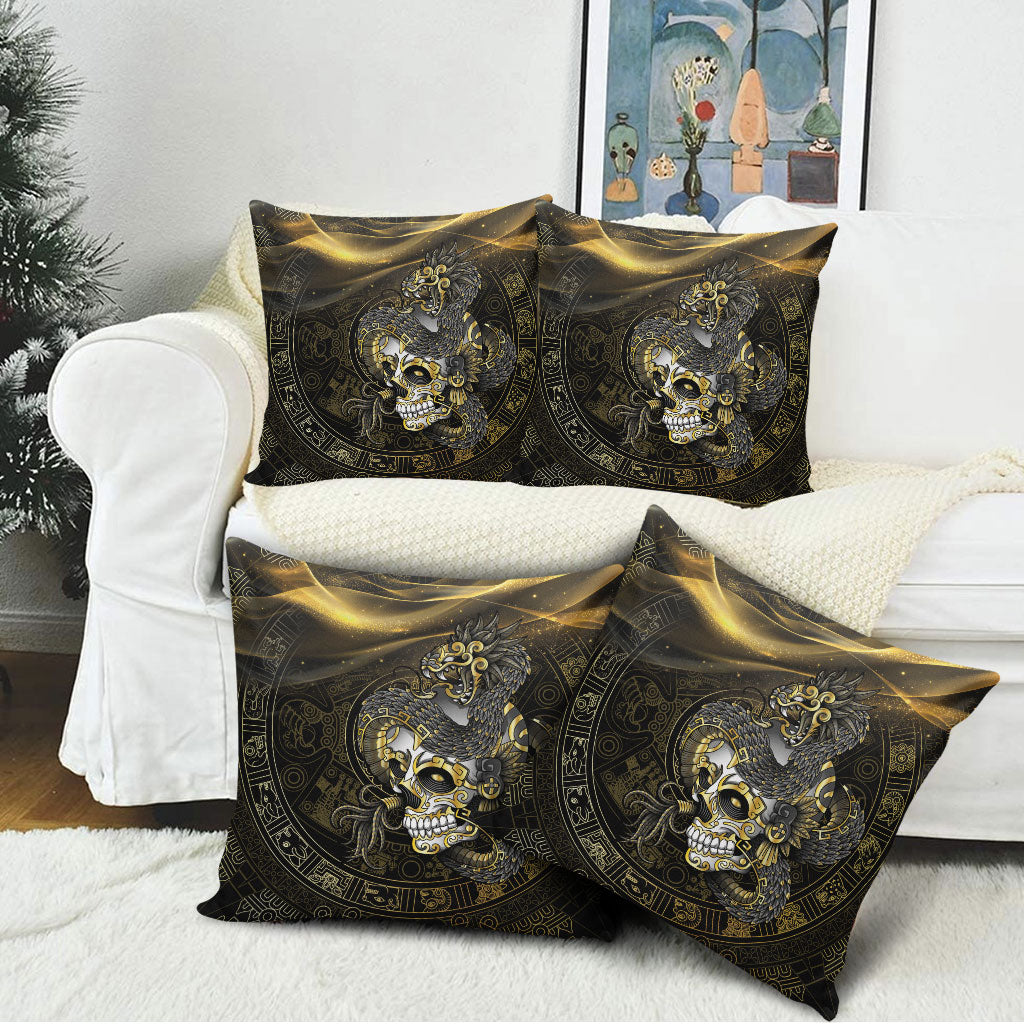 Mexico Quetzalcoatl Aztec Calendar Pillow Cover Black Gold Tribal Warrior Art