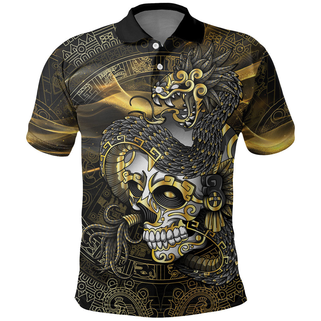 Mexico Quetzalcoatl Aztec Calendar Polo Shirt Black Gold Tribal Warrior Art